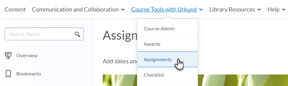 Selecting Assignments from the Course Tools with Urkund menu in the navbar